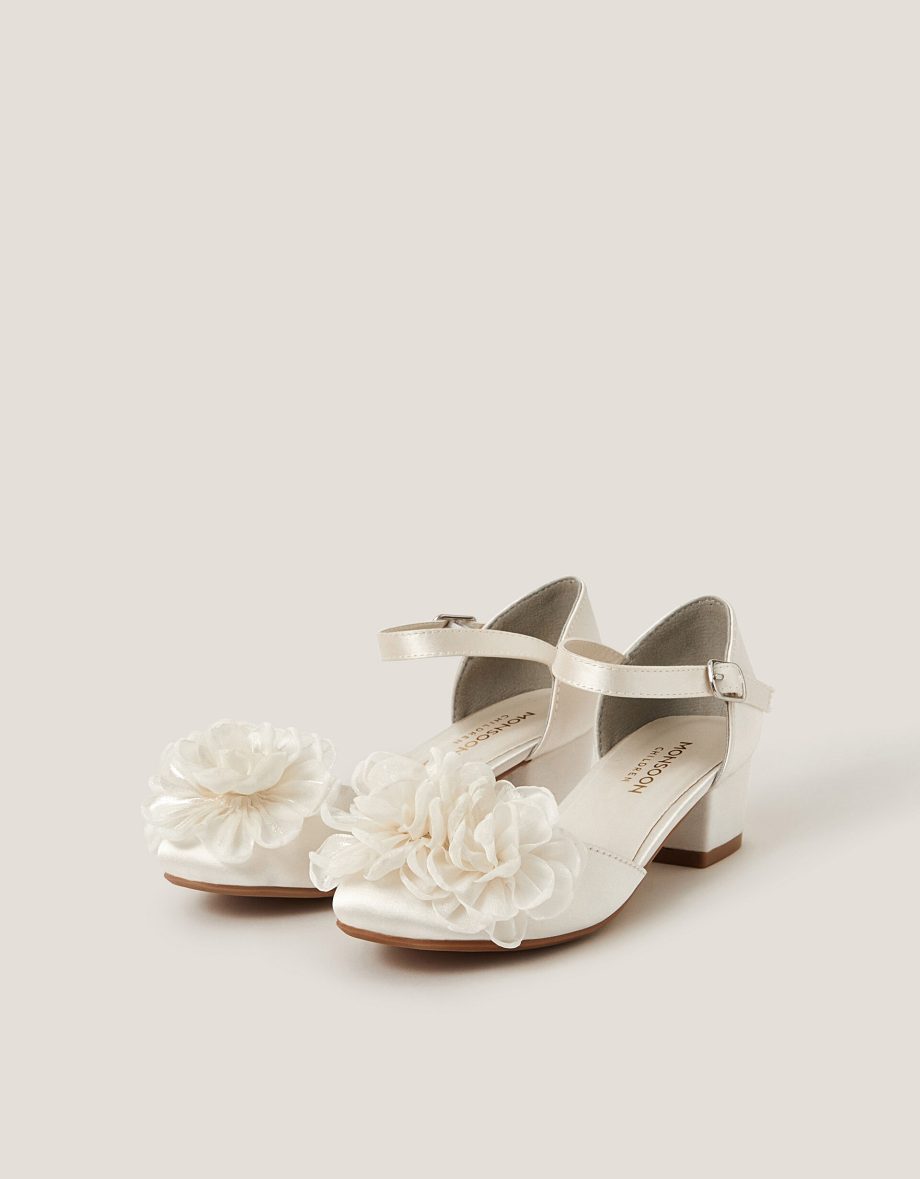 Corsage Satin Two-Part Heels Ivory