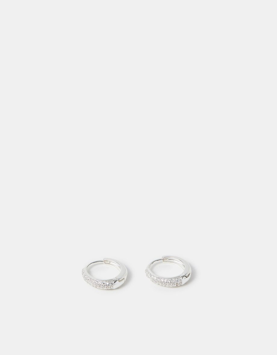STERLING SILVER-PLATED DIAMANTÉ HUGGIE HOOP EARRINGS