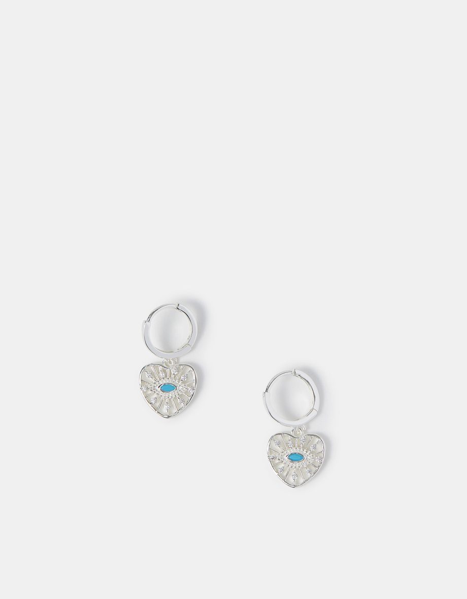 STERLING SILVER-PLATED EVIL EYE CHARM HOOP EARRINGS