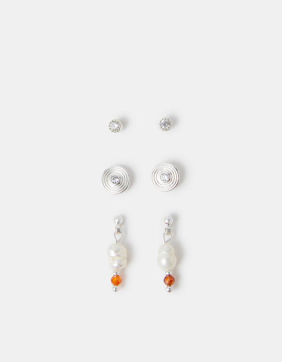3-PACK STERLING SILVER-PLATED STUD & PEARL DROP EARRINGS