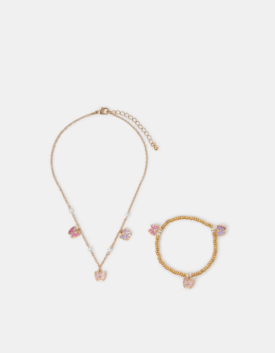 GIRLS BUTTERFLY CHARM NECKLACE AND BRACELET SET