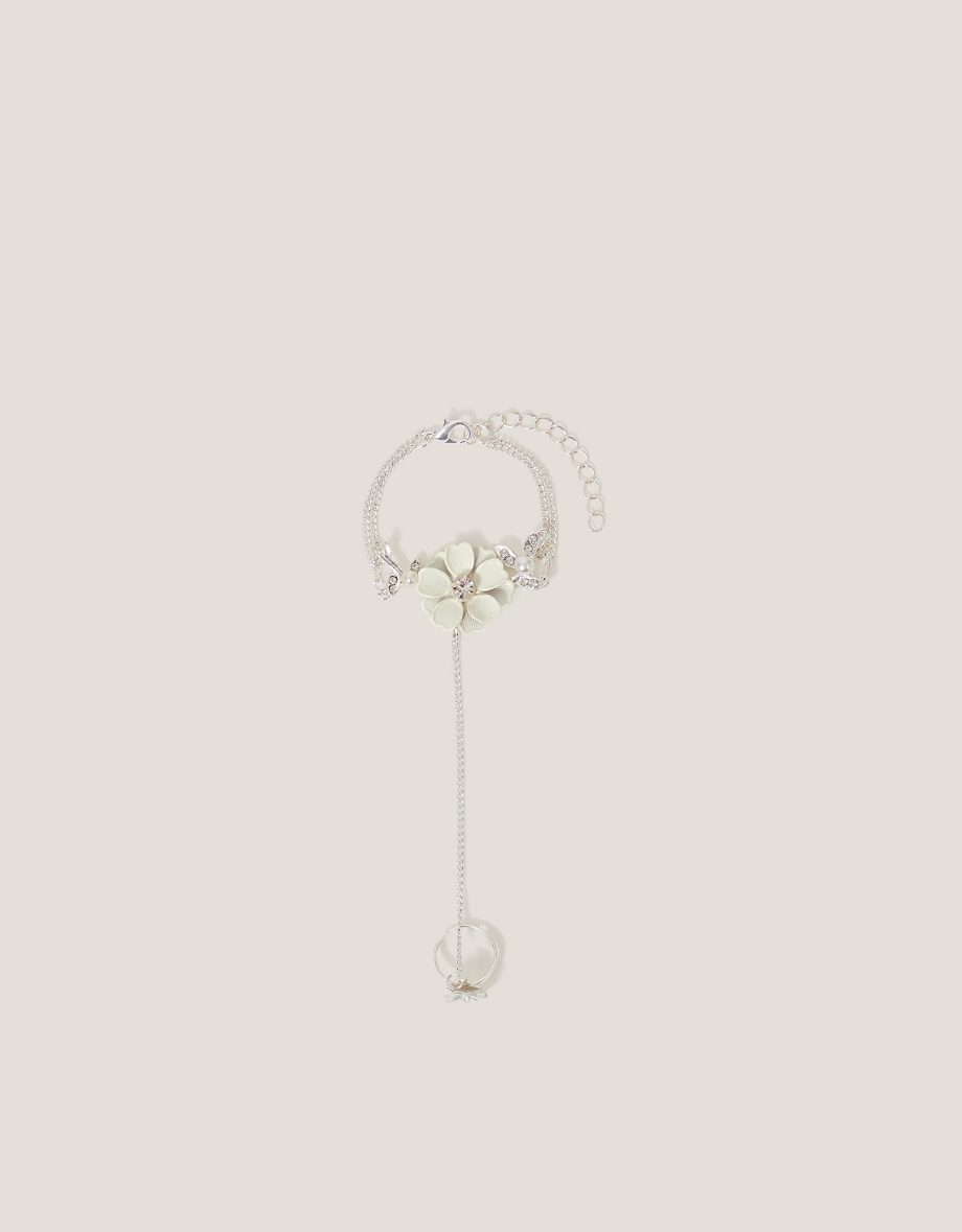Diamante Flower Ring & Hand Chain White