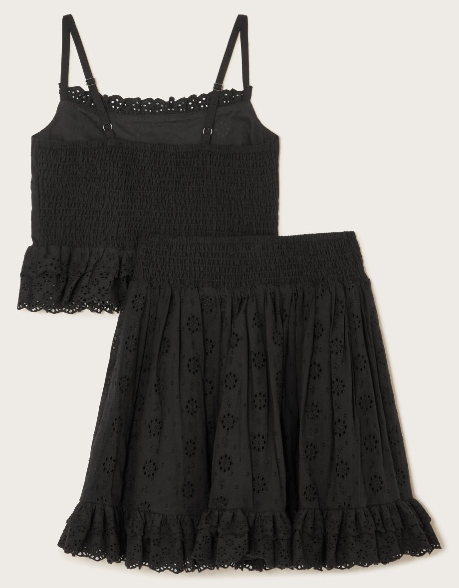 Floral Broderie Cami Top and Skirt Set Black