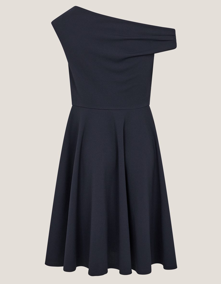 One-shoulder drape skater dress blue