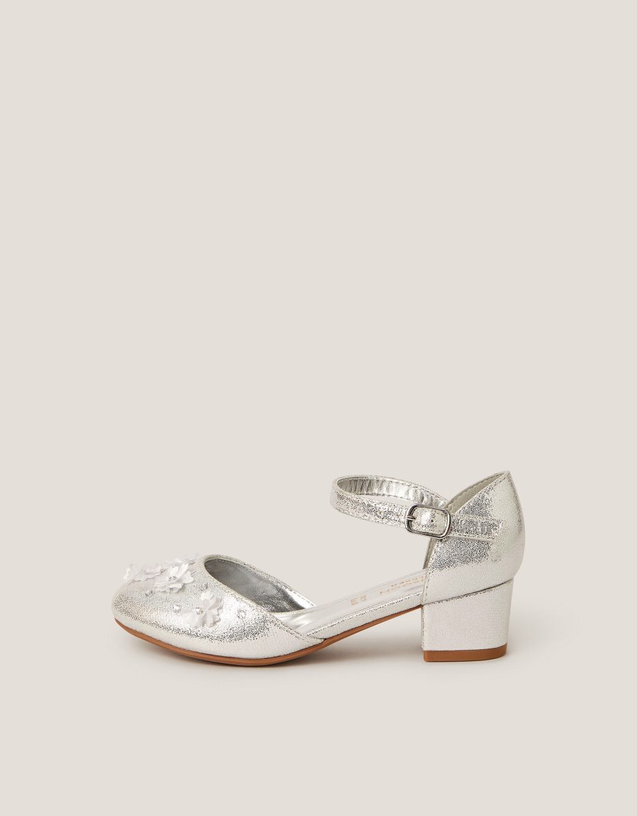 Applique flower metallic two-part heels silver