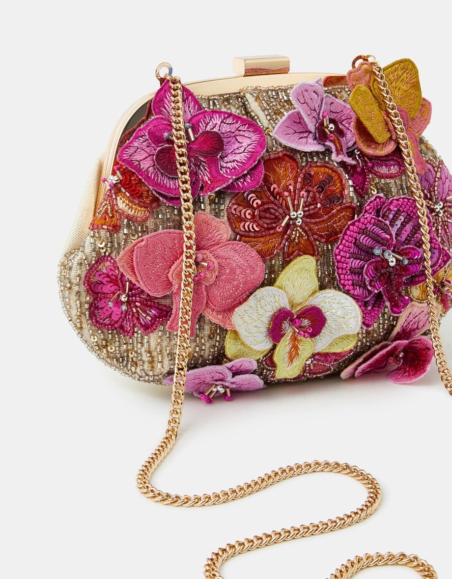 3D FLOWER EMBELLISHED CLUTCH BAG