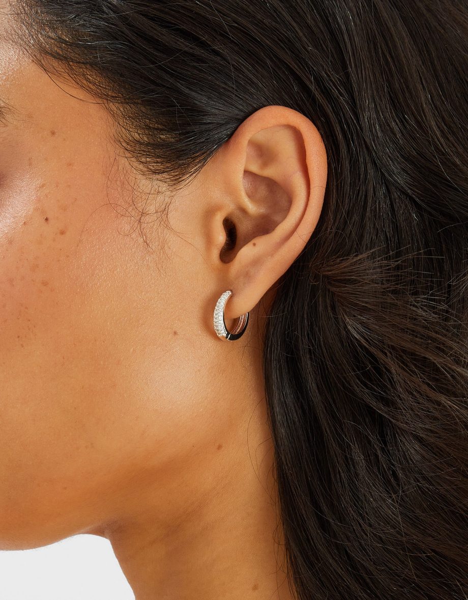STERLING SILVER-PLATED DIAMANTÉ HUGGIE HOOP EARRINGS
