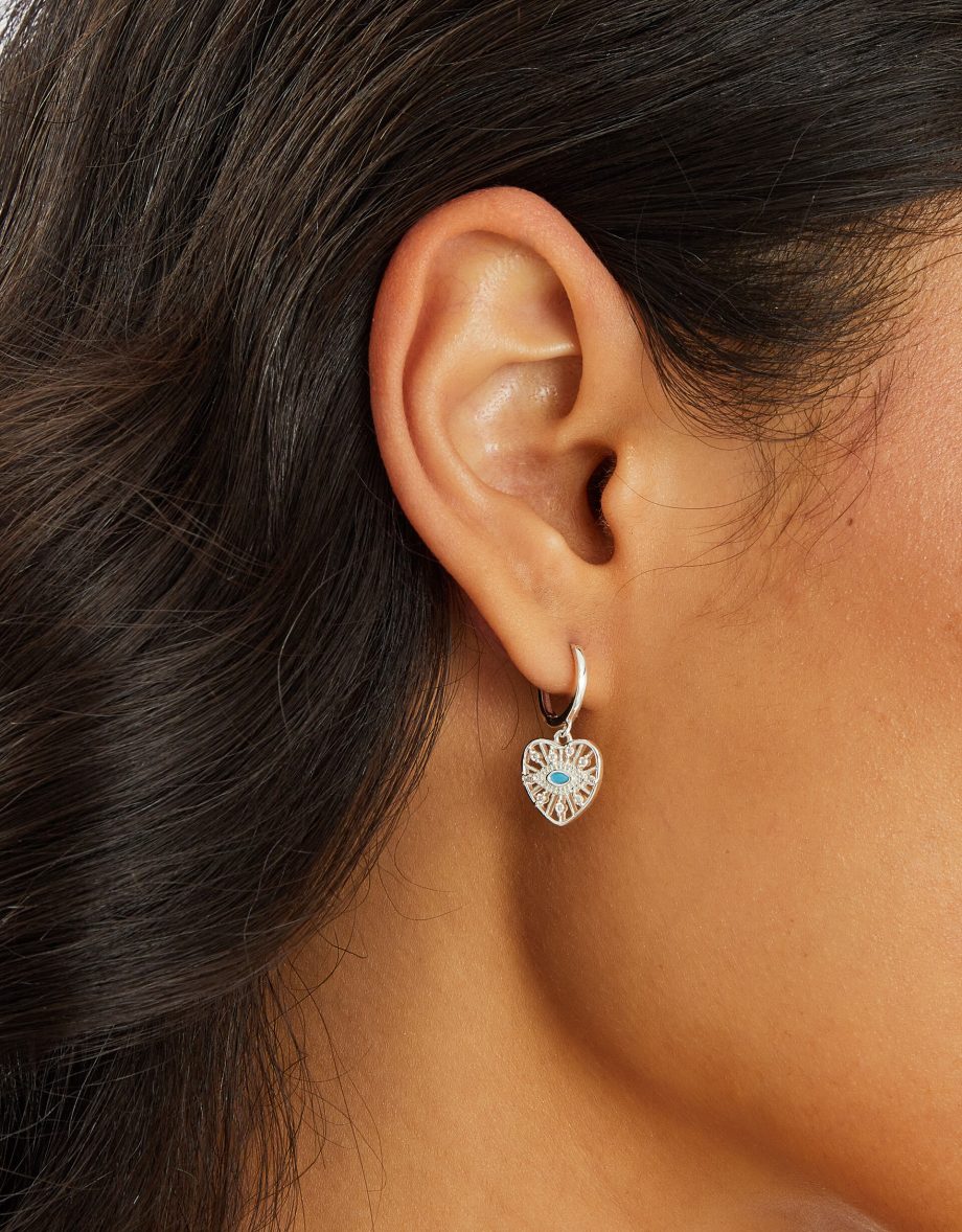 STERLING SILVER-PLATED EVIL EYE CHARM HOOP EARRINGS