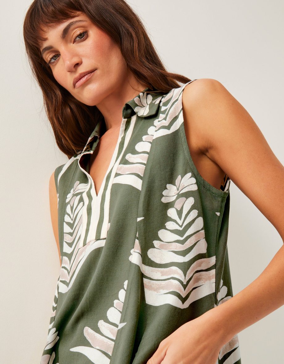 Pamela linen blend sleeveless leaf print top green