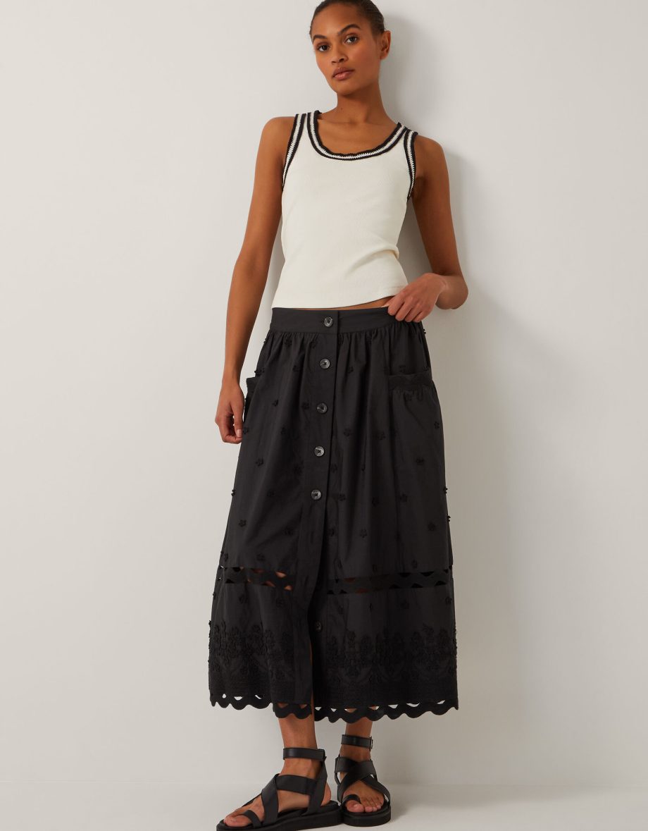 Esme floral appliqué midi skirt black