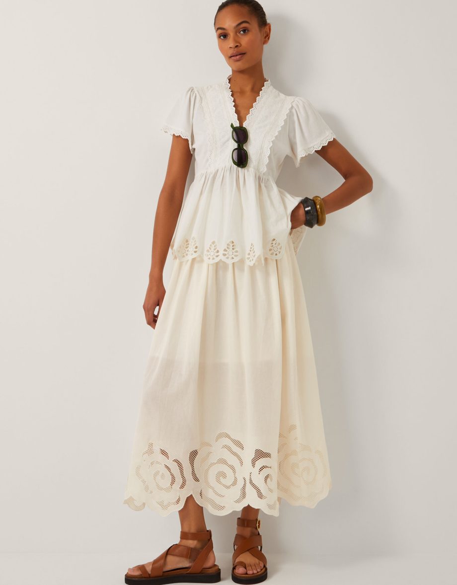 Grace cutwork midi skirt white