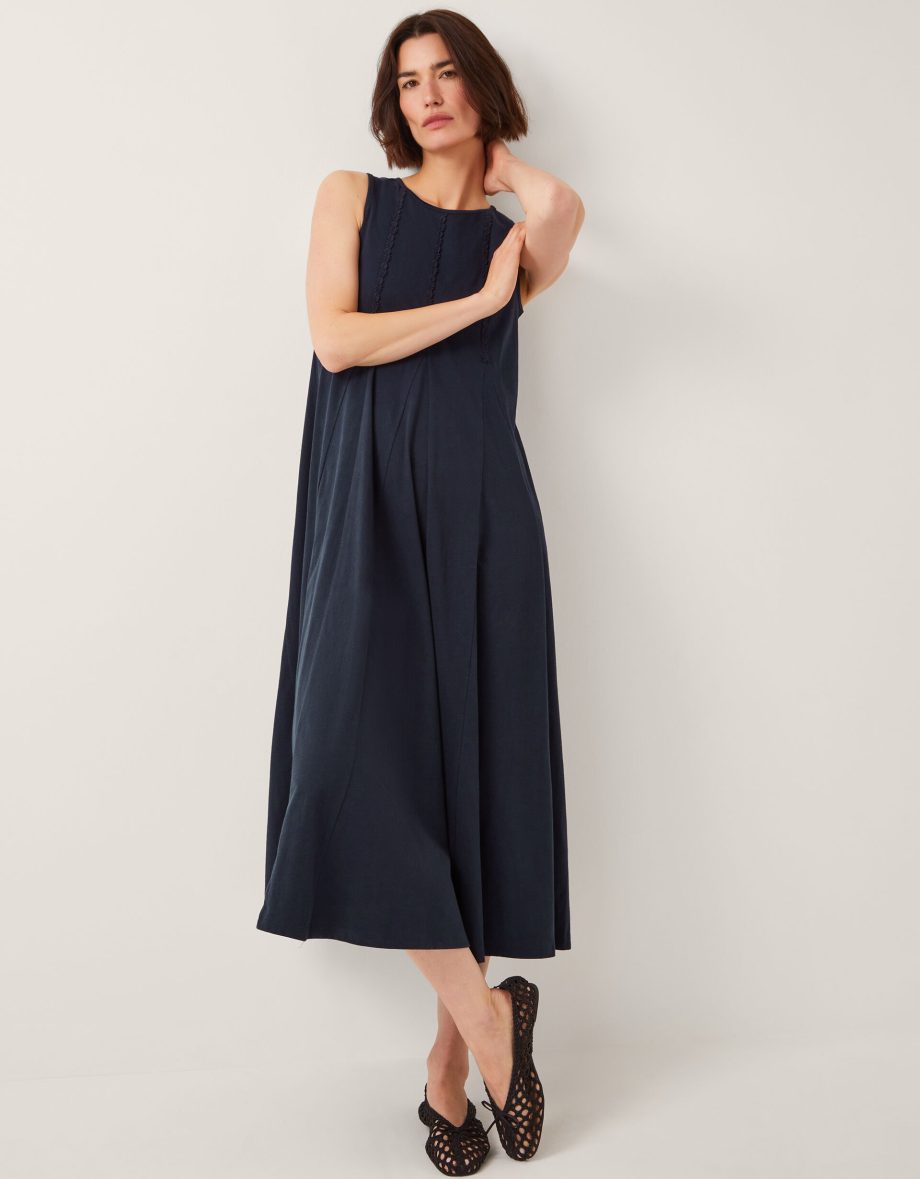 Tate embroidered trim jersey midi dress blue