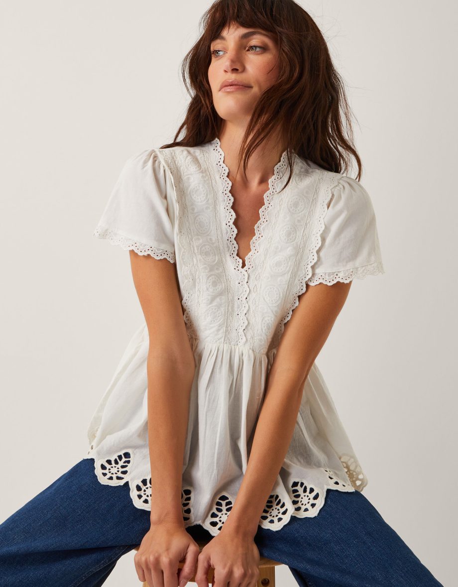 Dee broderie jersey top ivory