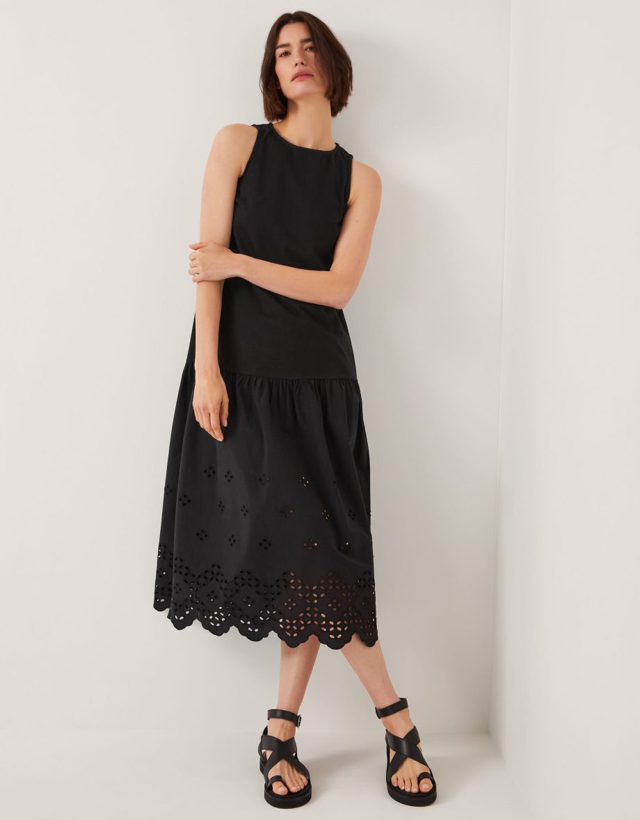 Fable broderie drop waist midi dress black