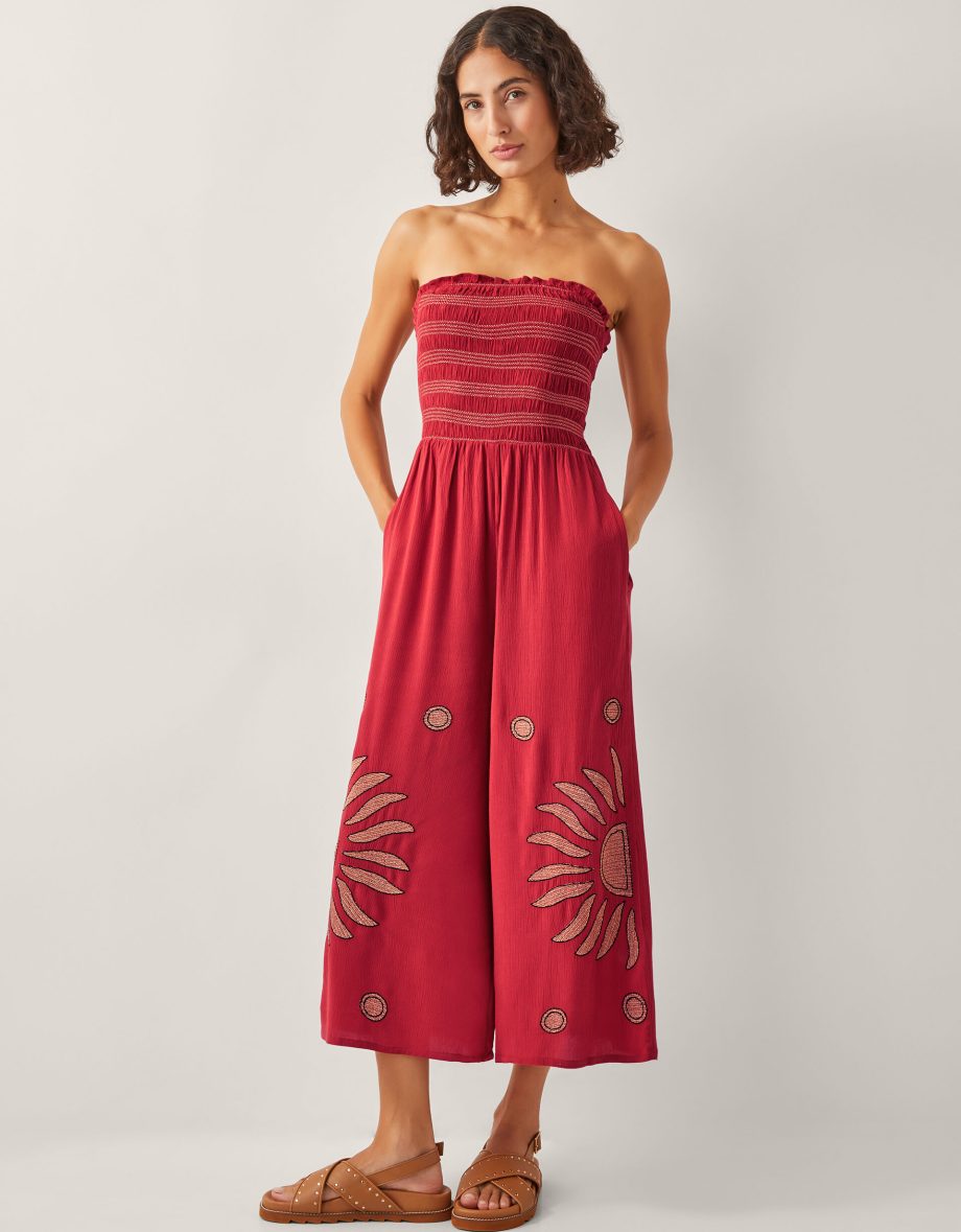 Nadia Shirred Embroidered Jumpsuit Orange