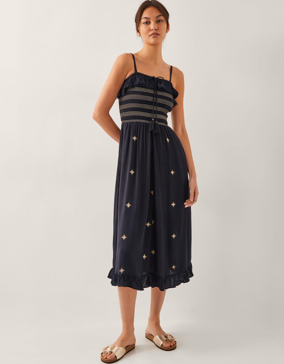 Blair Embroidered Frill Midi Dress Black