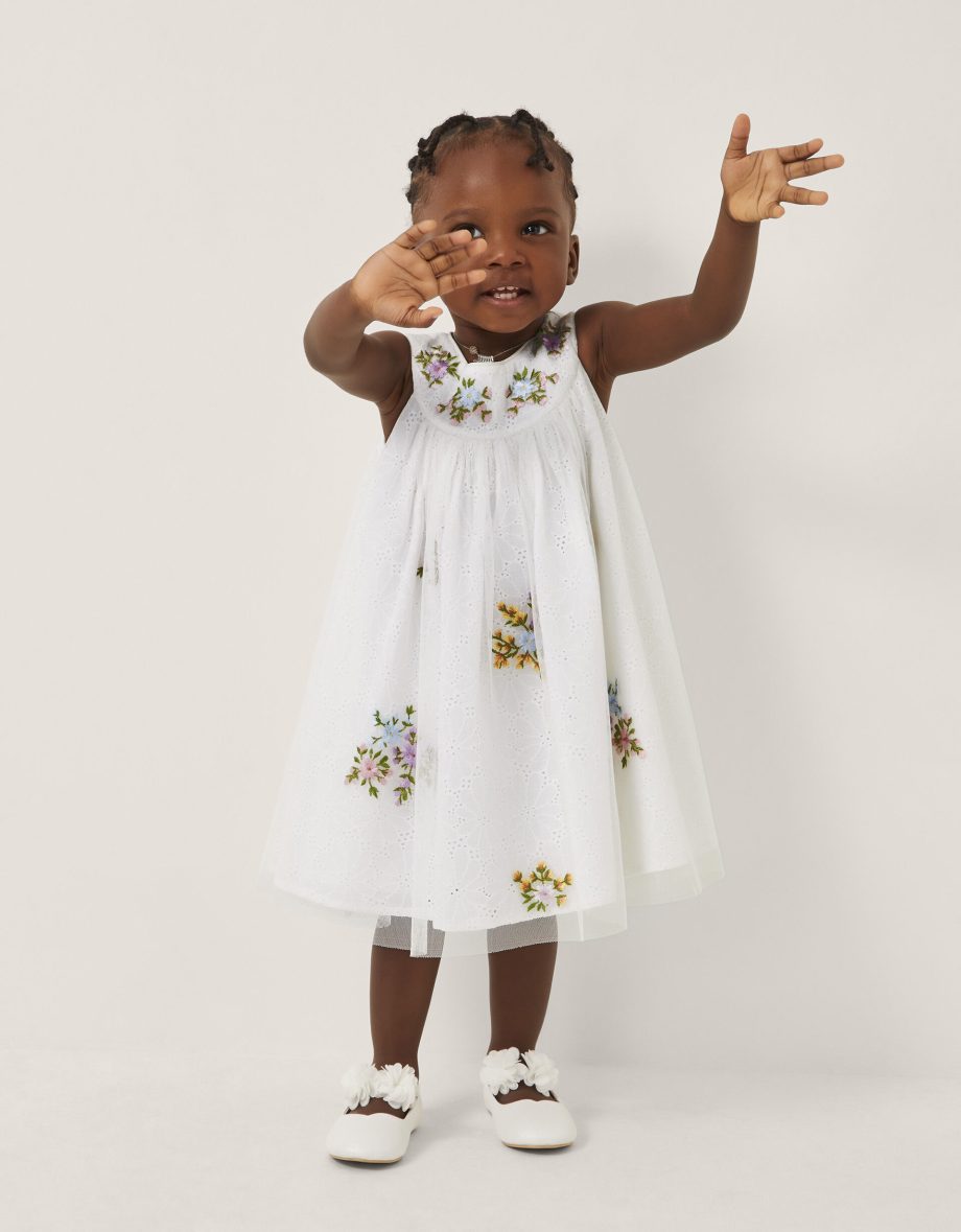 Baby aria floral broderie dress ivory