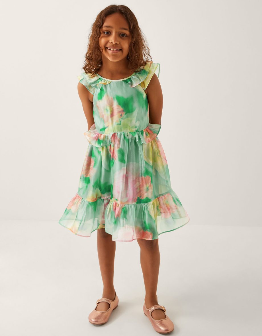 Blurry floral organza ruffle dress green