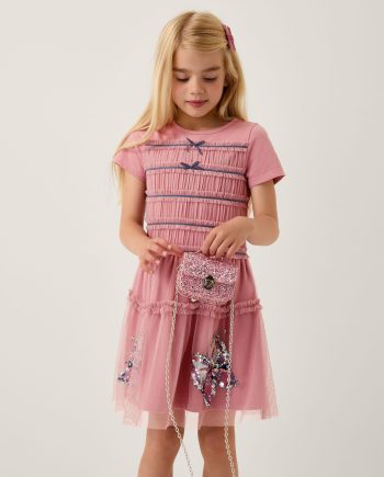 Sequin butterfly jersey mesh dress pink