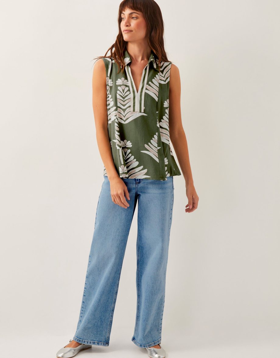 Pamela linen blend sleeveless leaf print top green