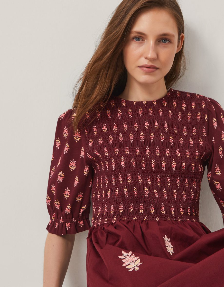 Laurie floral smocked midi dress red