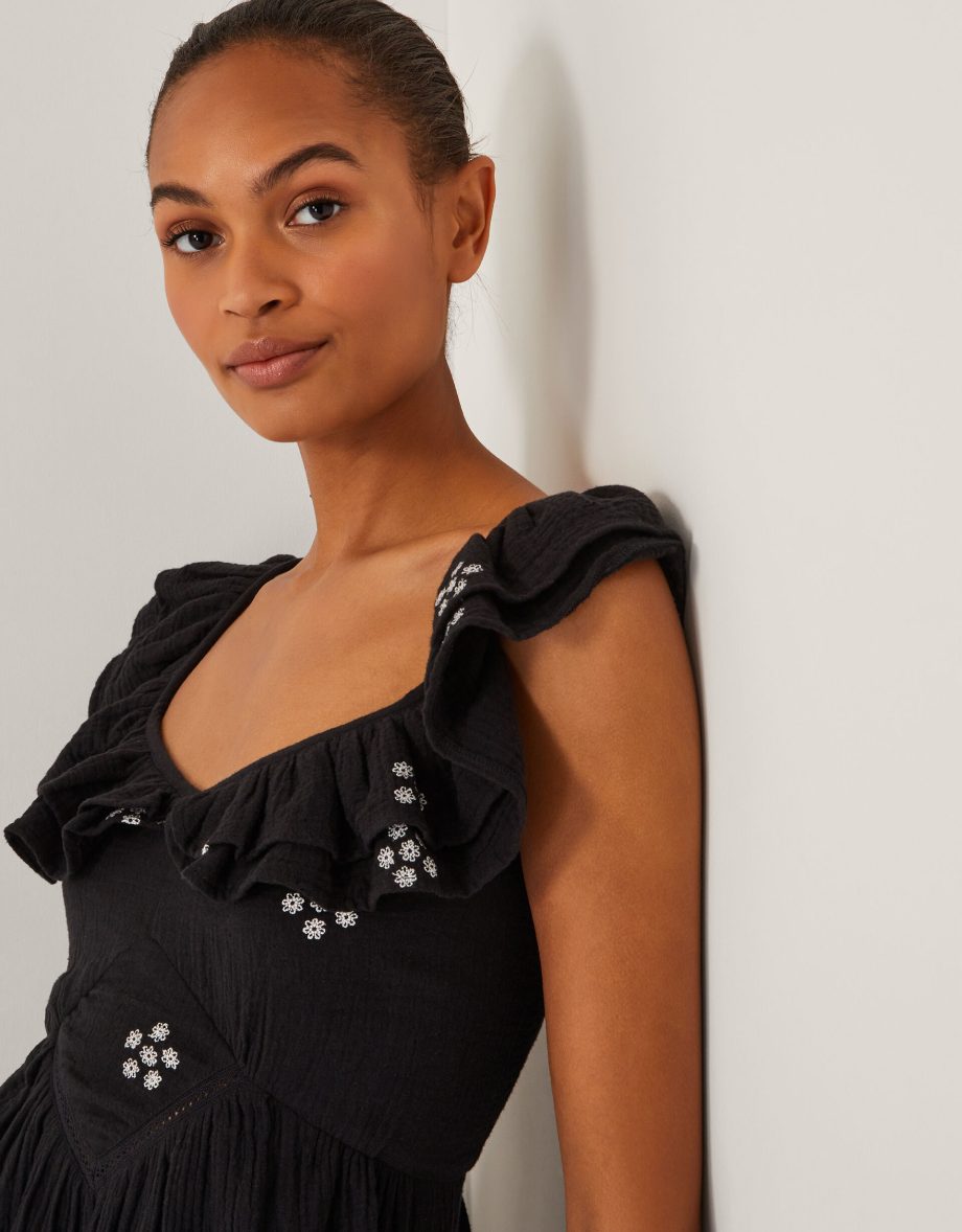 Daisy Frill Embroidered Midi Dress Black