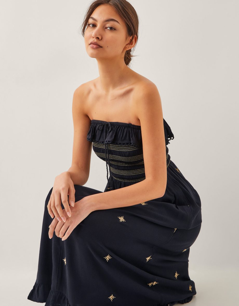 Blair Embroidered Frill Midi Dress Black