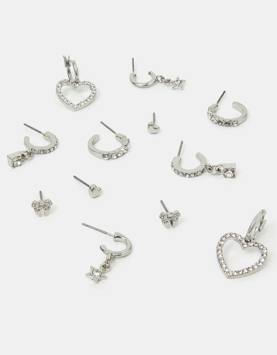 6-PACK PAVÉ HEART STUD AND HOOP EARRINGS SILVER