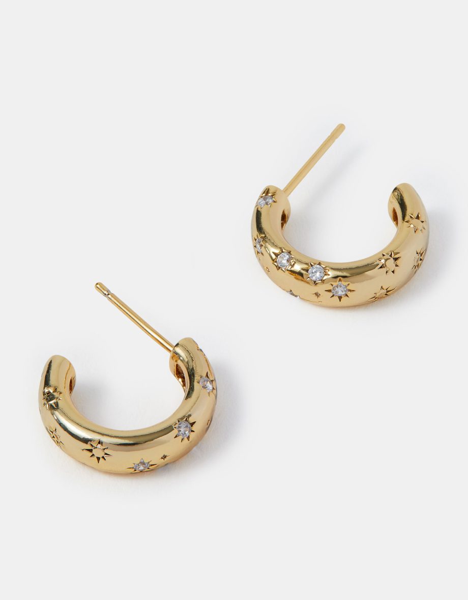 14CT GOLD-PLATED STAR DIAMANTÉ HOOP EARRINGS