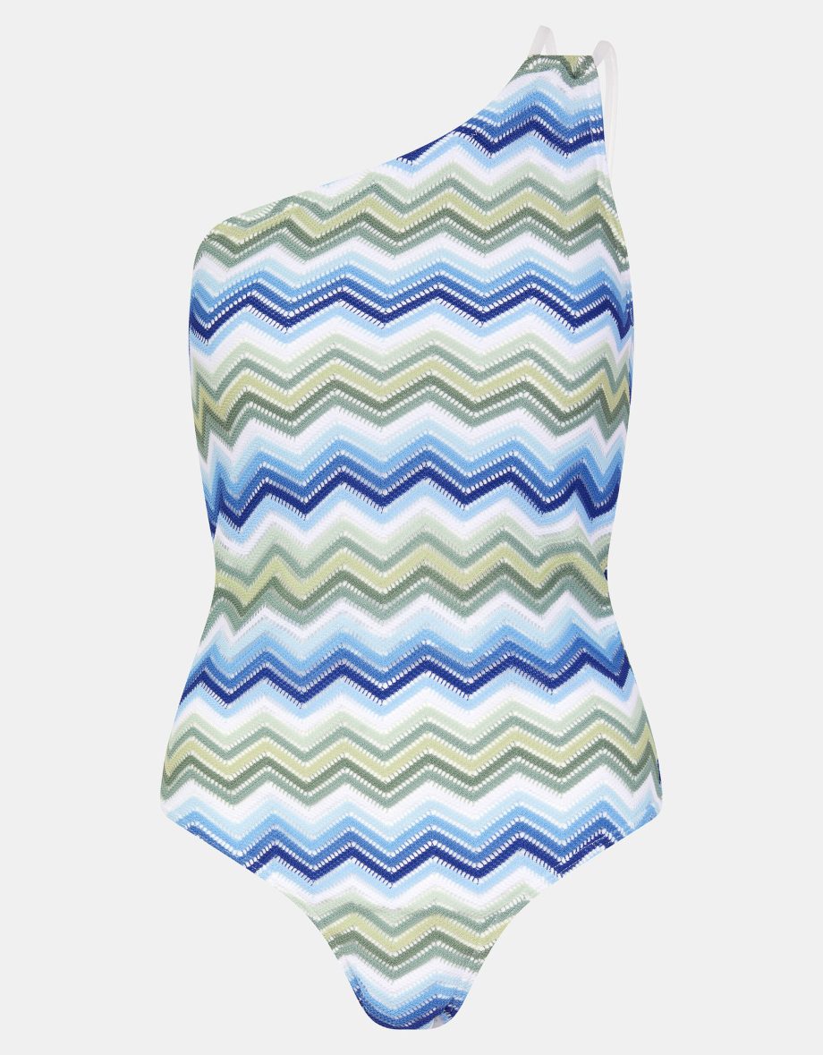 Zig Zag Crochet One Shoulder Swimsuit Blue