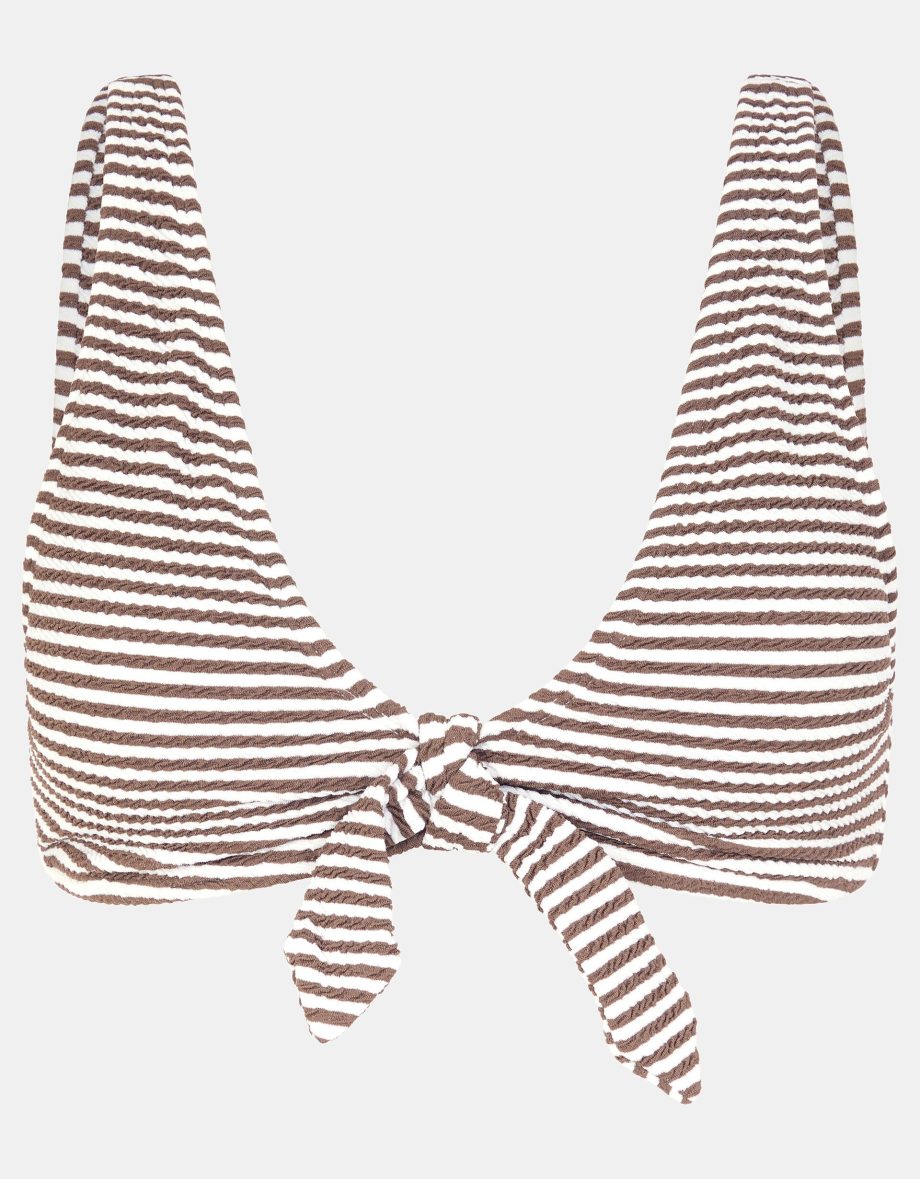 Textured Stripe Tie Front Bikini Top Camel