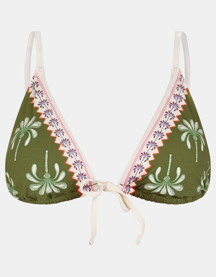 Palm Tie Front Triangle Bikini Top Green