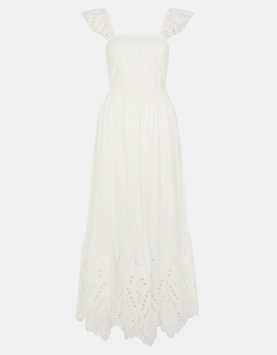 Sleeveless Frilly Broderie Maxi Dress Ivory