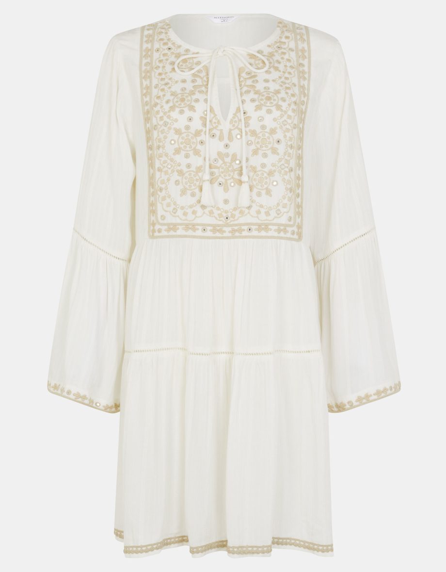 Embroidered Flute-Sleeve Mini Dress Ivory