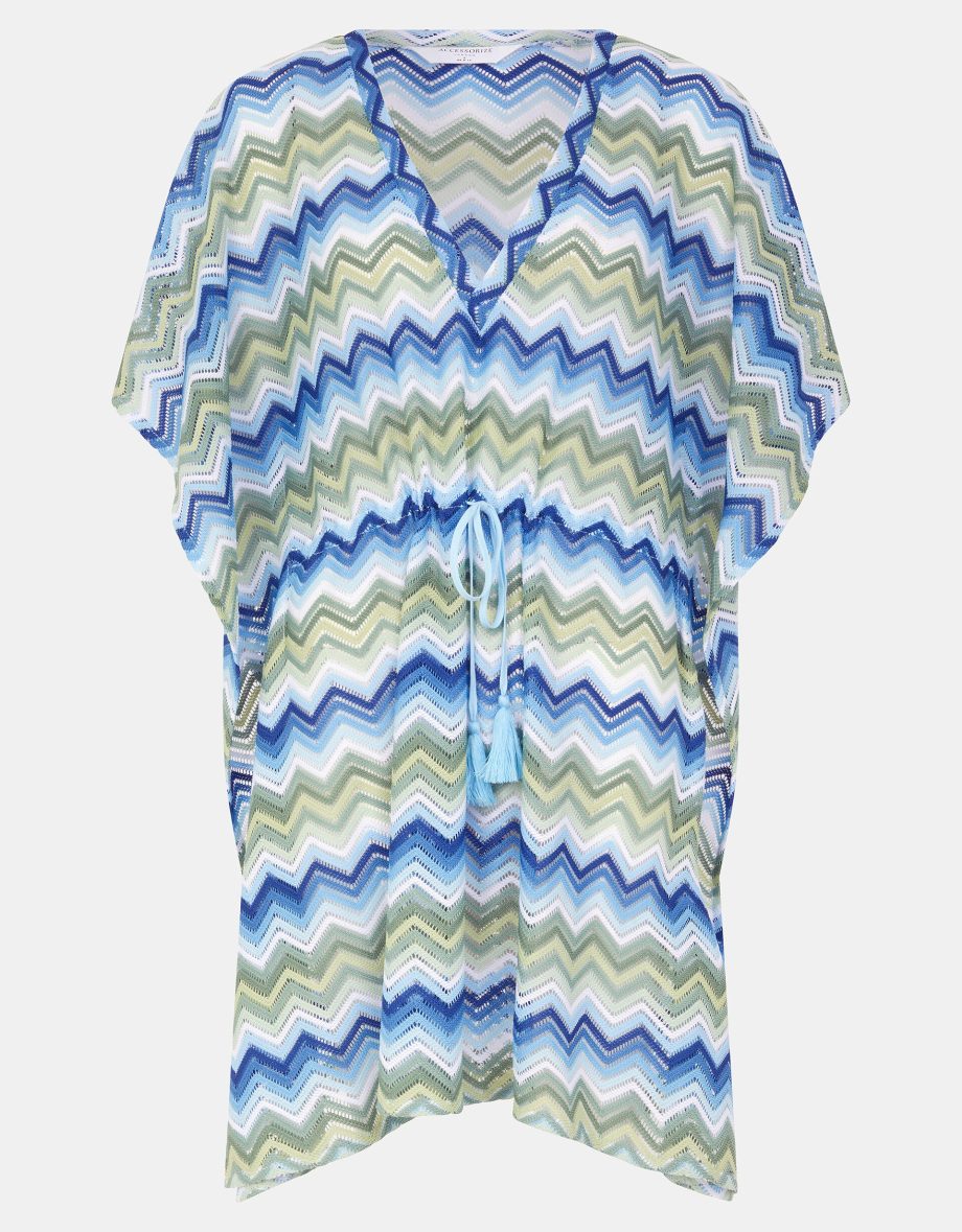 Zig Zag Crochet Mini Kaftan Blue