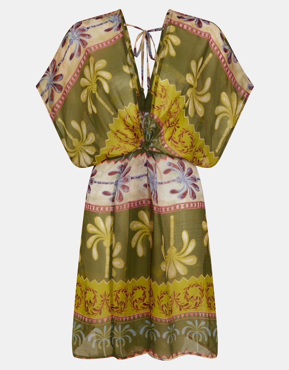 Palm Print Mini Kaftan Dress Green