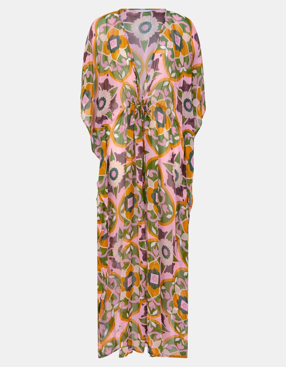 Retro Floral Chiffon Maxi Kaftan Pink