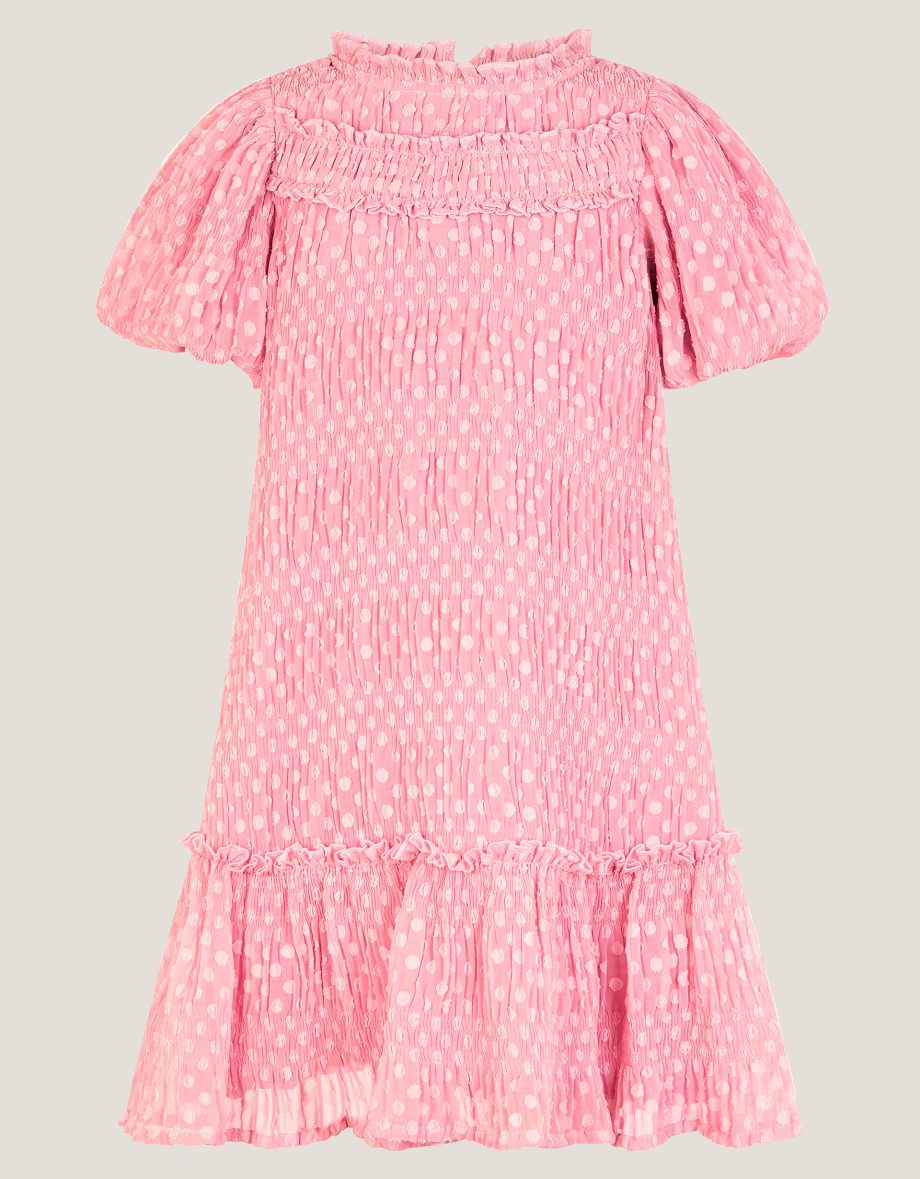 Polka dot textured puff sleeve dress pink