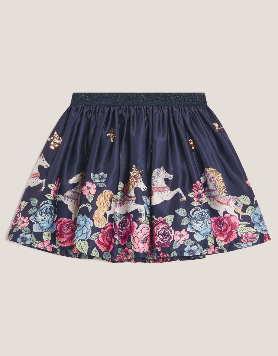 Floral Horse Print Satin Skirt Blue