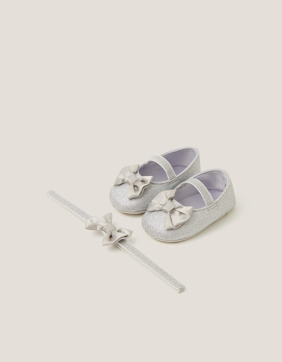 Baby bow glitter booties & headband set silver