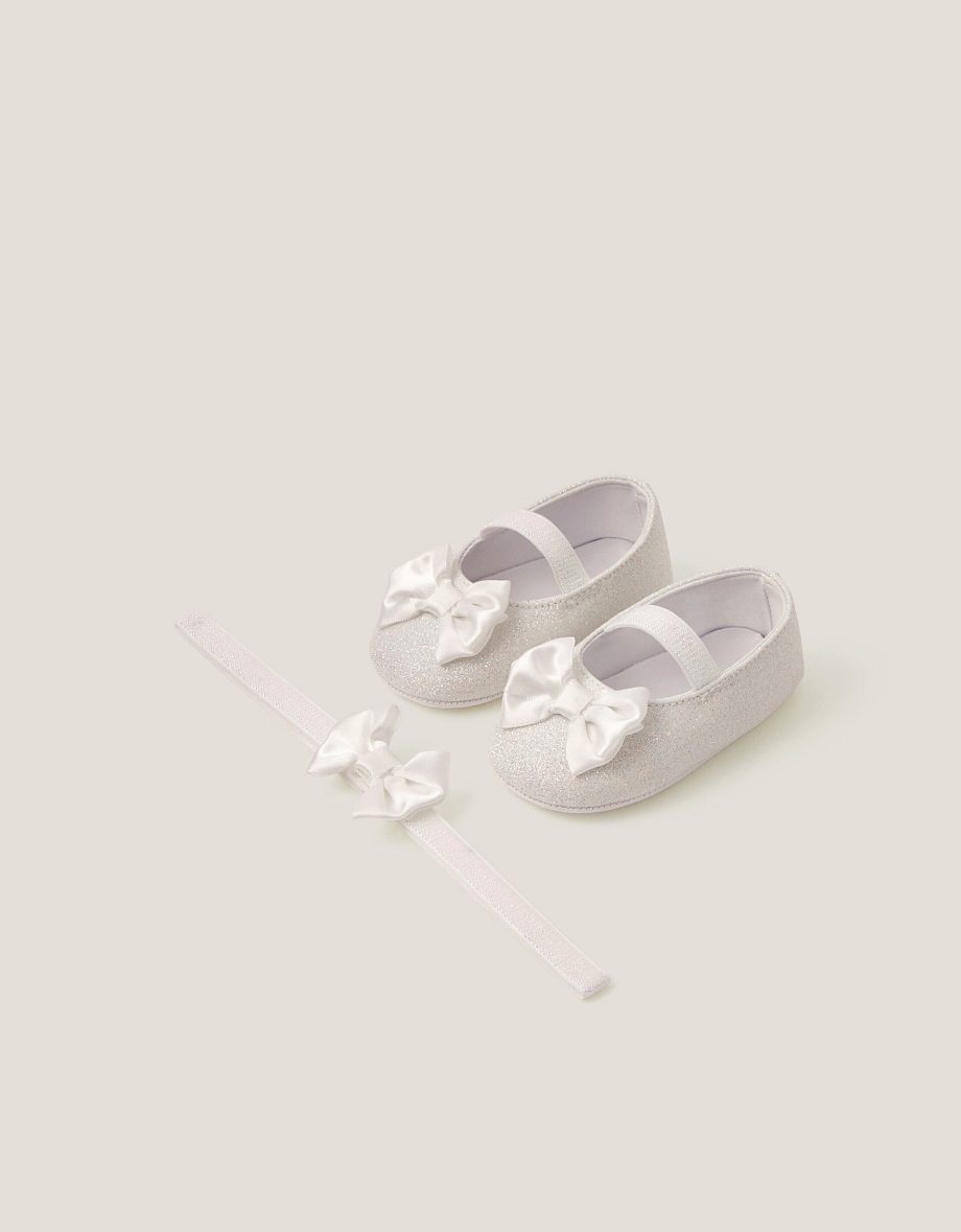 Baby bow glitter booties & headband set ivory
