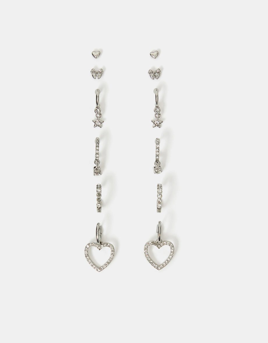 6-PACK PAVÉ HEART STUD AND HOOP EARRINGS SILVER