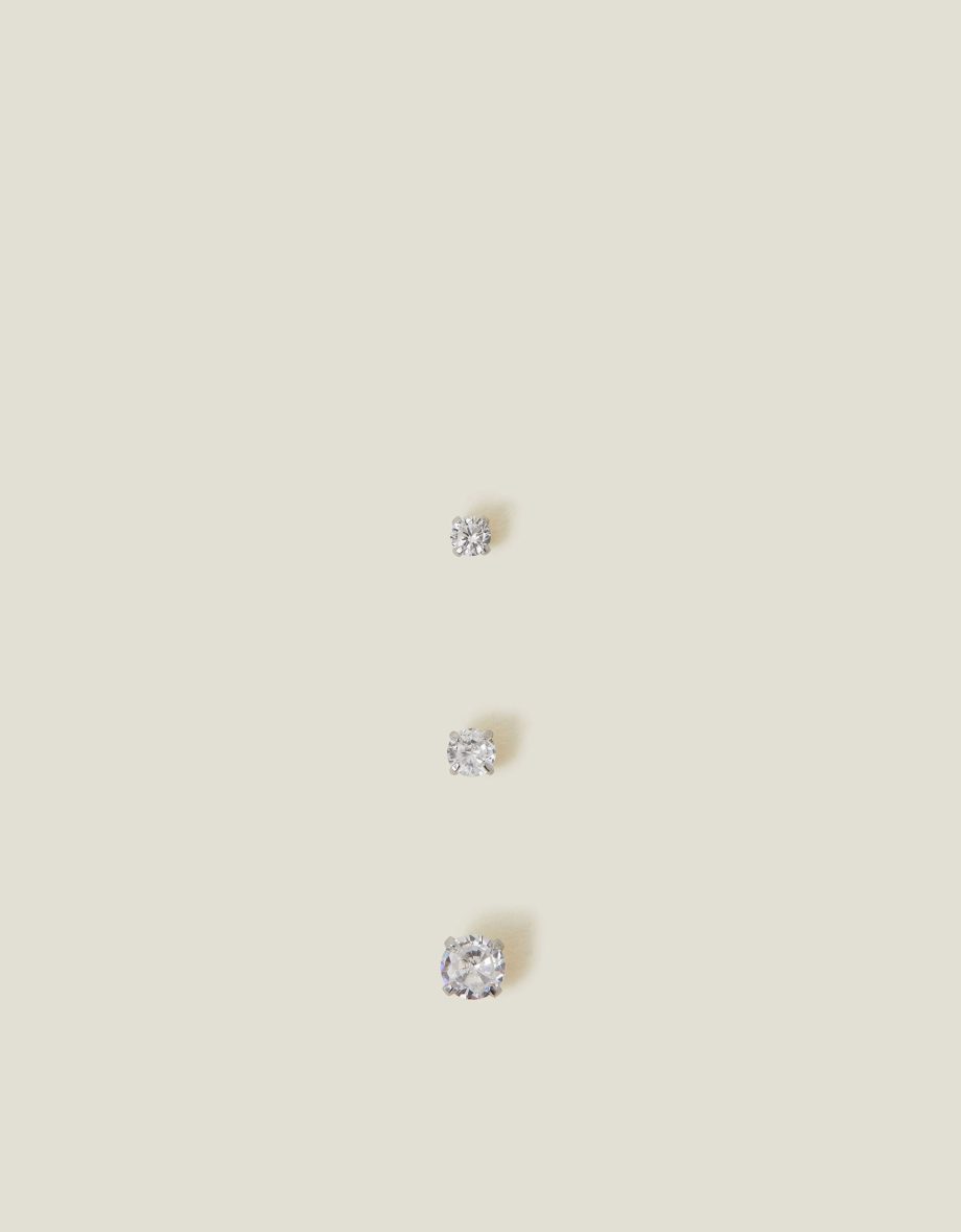 3-PACK PLATINUM-PLATED SURGICAL STEEL DIAMANTE FLATBACK EARRINGS