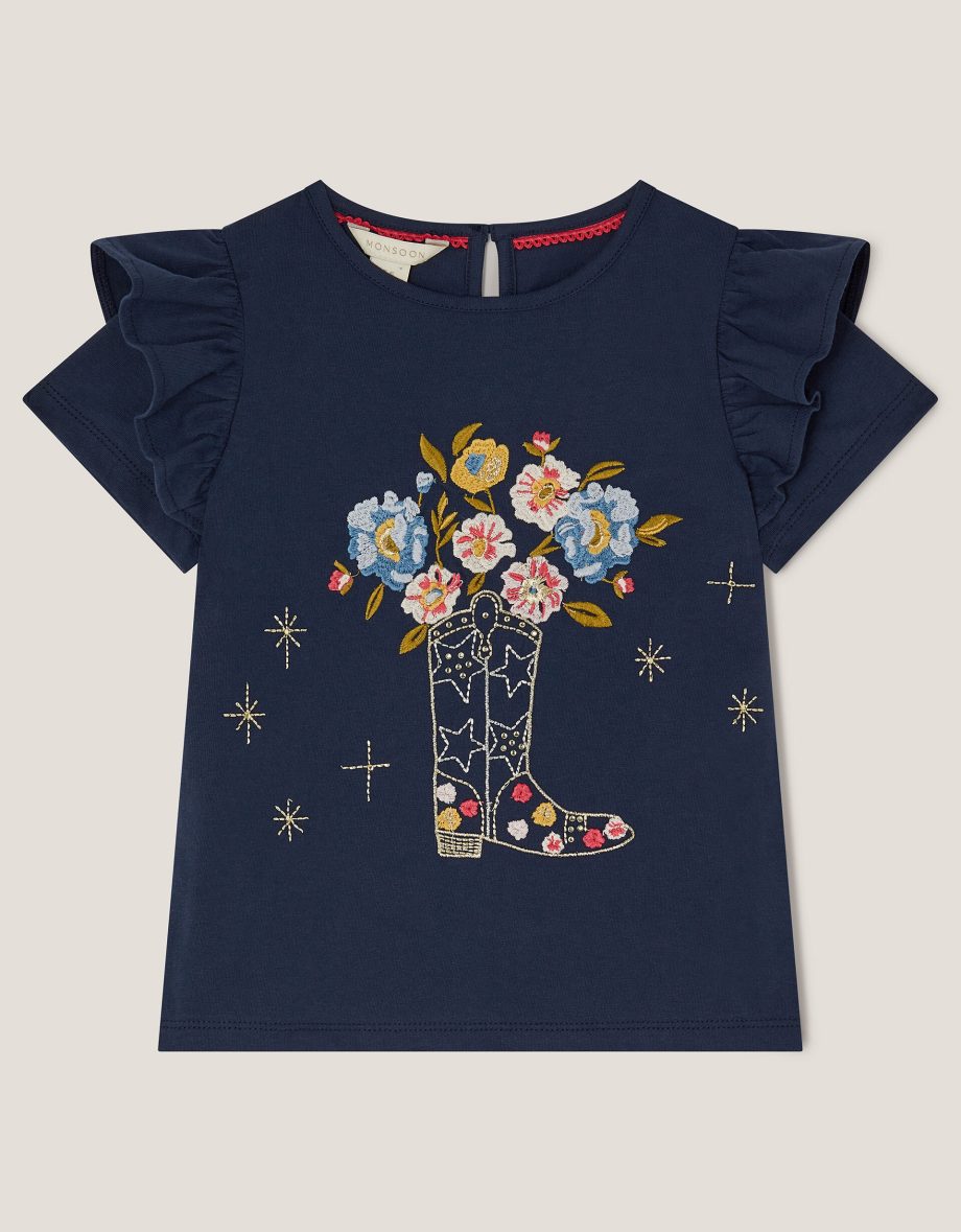 Floral cowboy boot embroidered t-shirt blue