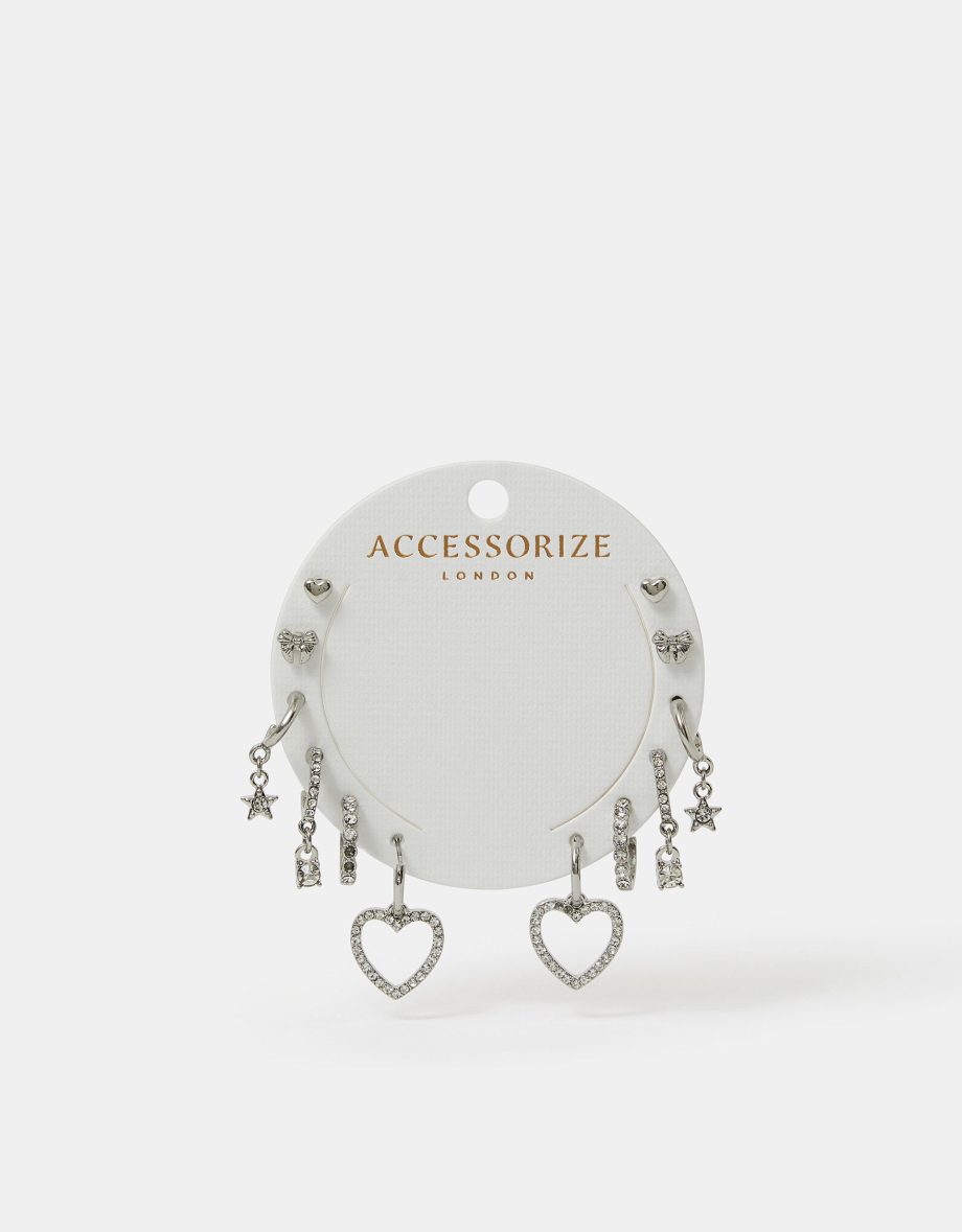 6-PACK PAVÉ HEART STUD AND HOOP EARRINGS SILVER