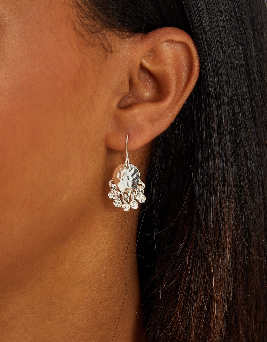 SMALL HAMMERED DISC CHANDELIER EARRINGS SILVER