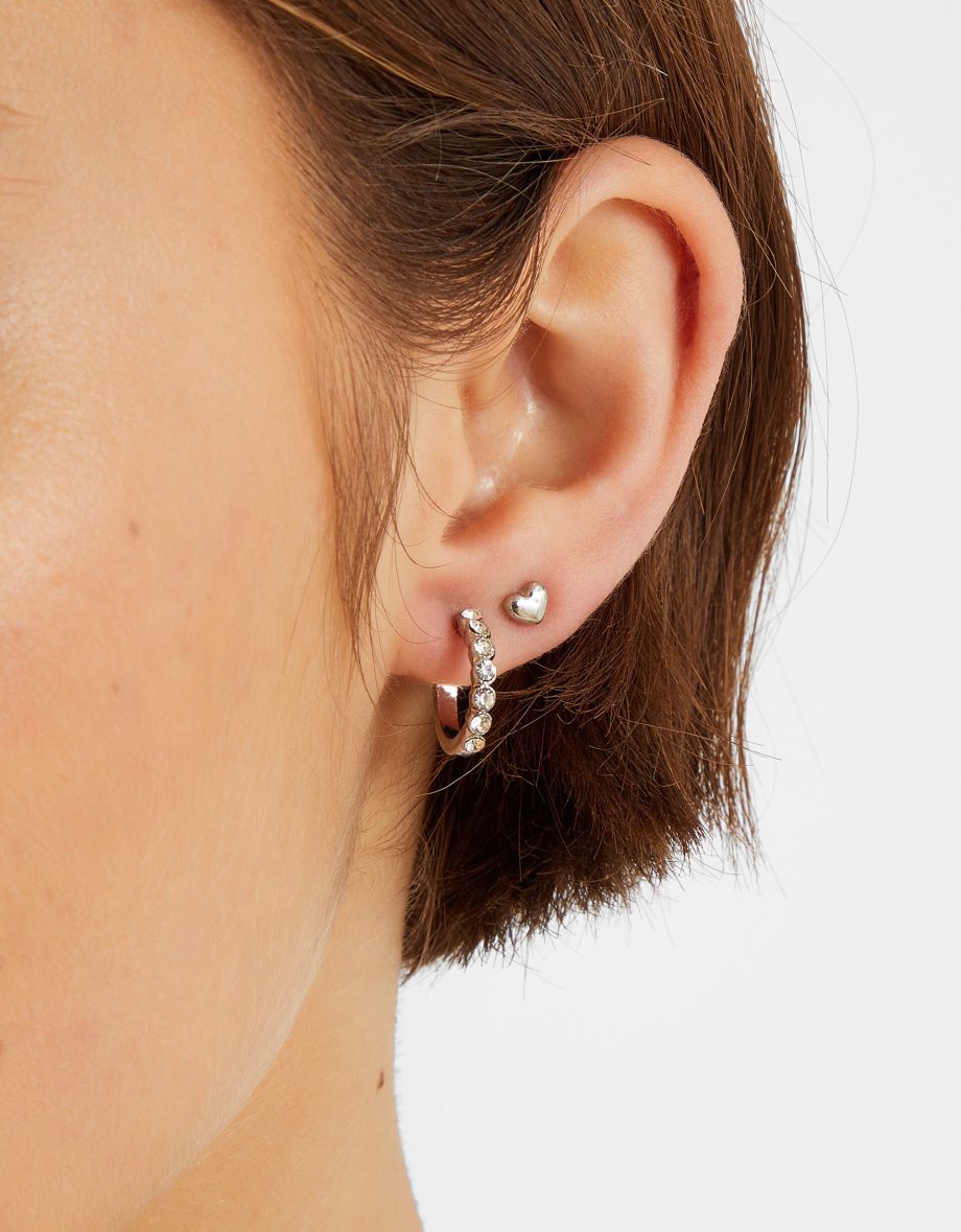 6-PACK PAVÉ HEART STUD AND HOOP EARRINGS SILVER