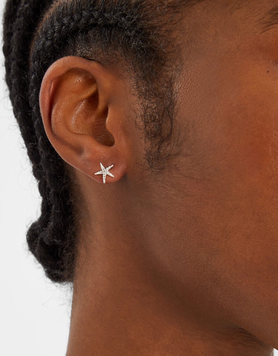 STERLING SILVER-PLATED SPARKLE STARFISH STUD EARRINGS