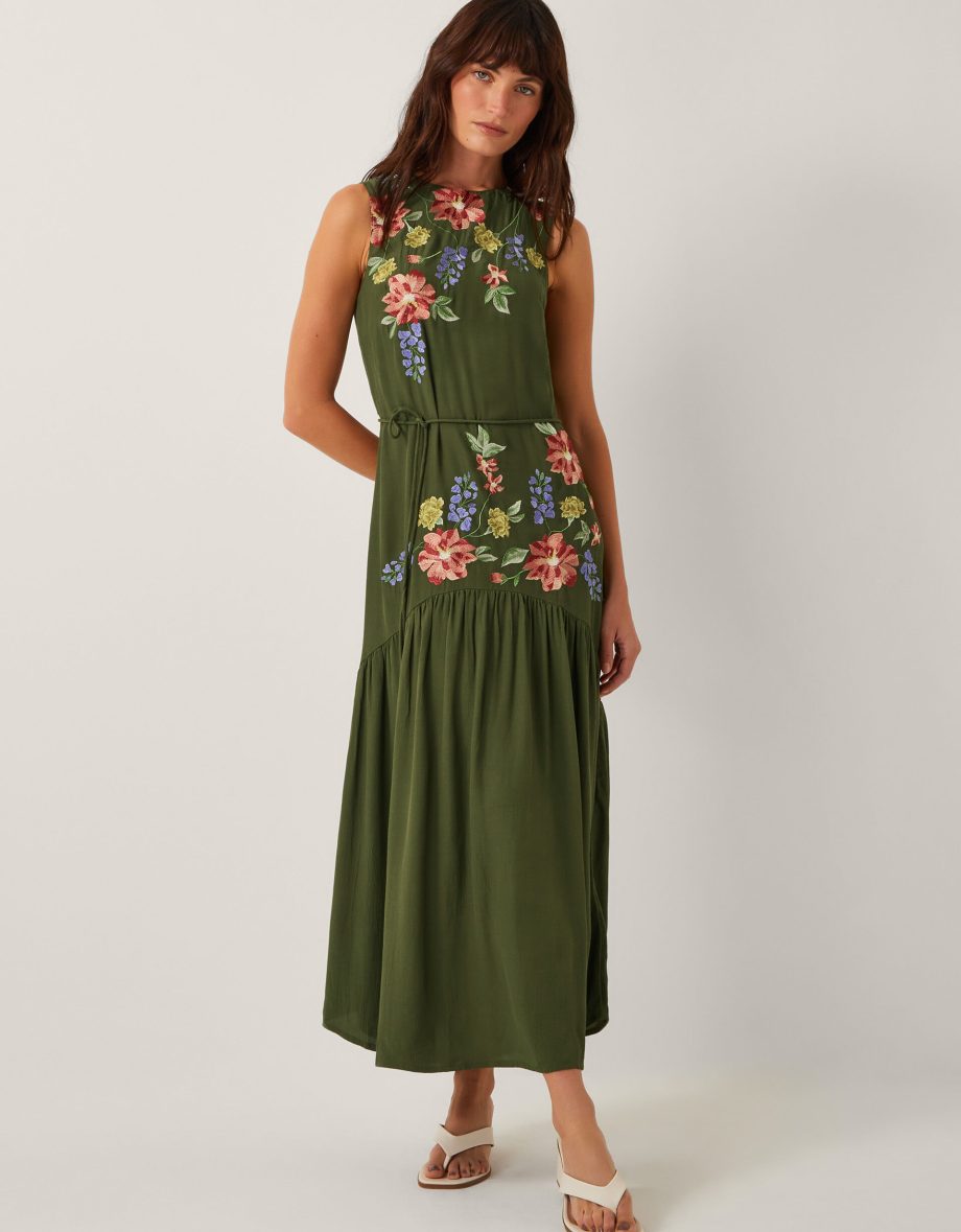Odelle Floral Embroidered Midi Dress Green