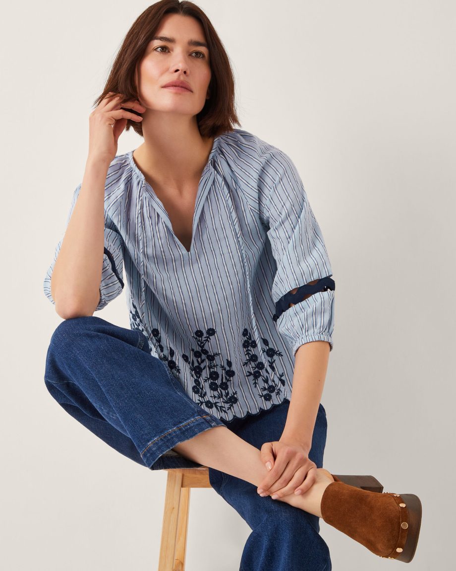 Cara Embroidered Stripe Blouse Blue